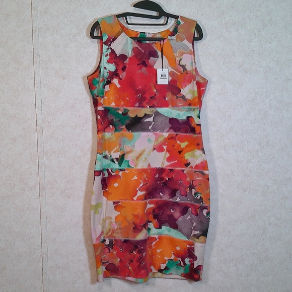 NWT Calvin Klein Watermelon Multi Color Bandage Wrap BodyCon Midi Dress Size 12 - Picture 1 of 11